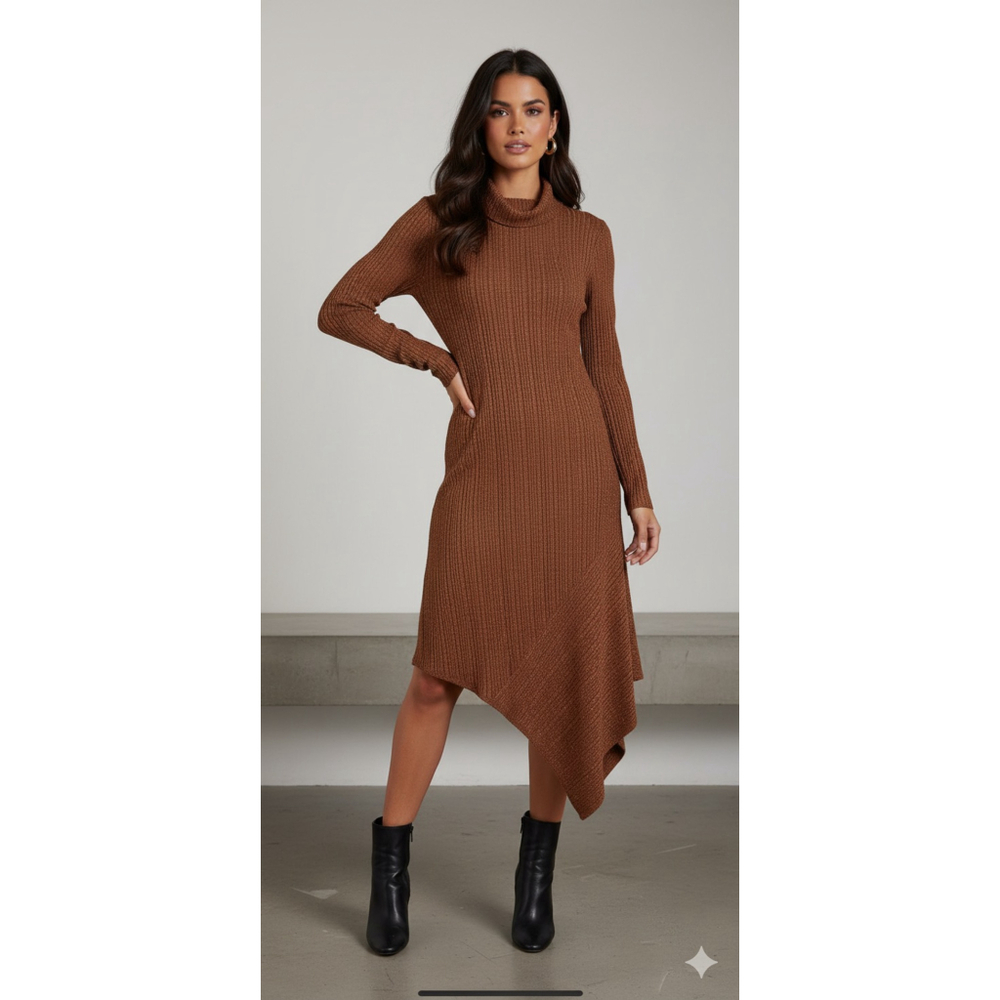 NEW Maison Tara Copper Metallic Long Sleeve Ribbed Asymmetric Sweater Dress US S